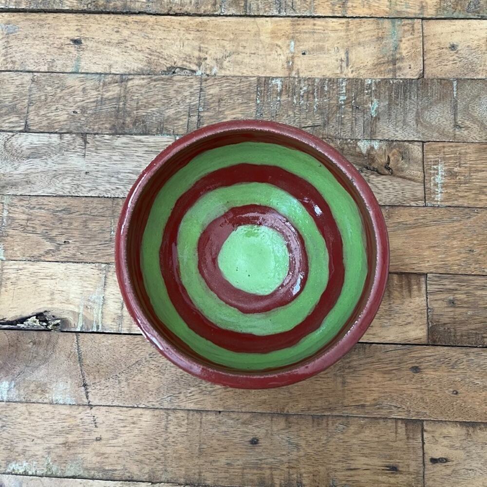 Studio Art Pottery Red & Green Rings Stoneware Bowl 6" Glazed Signed